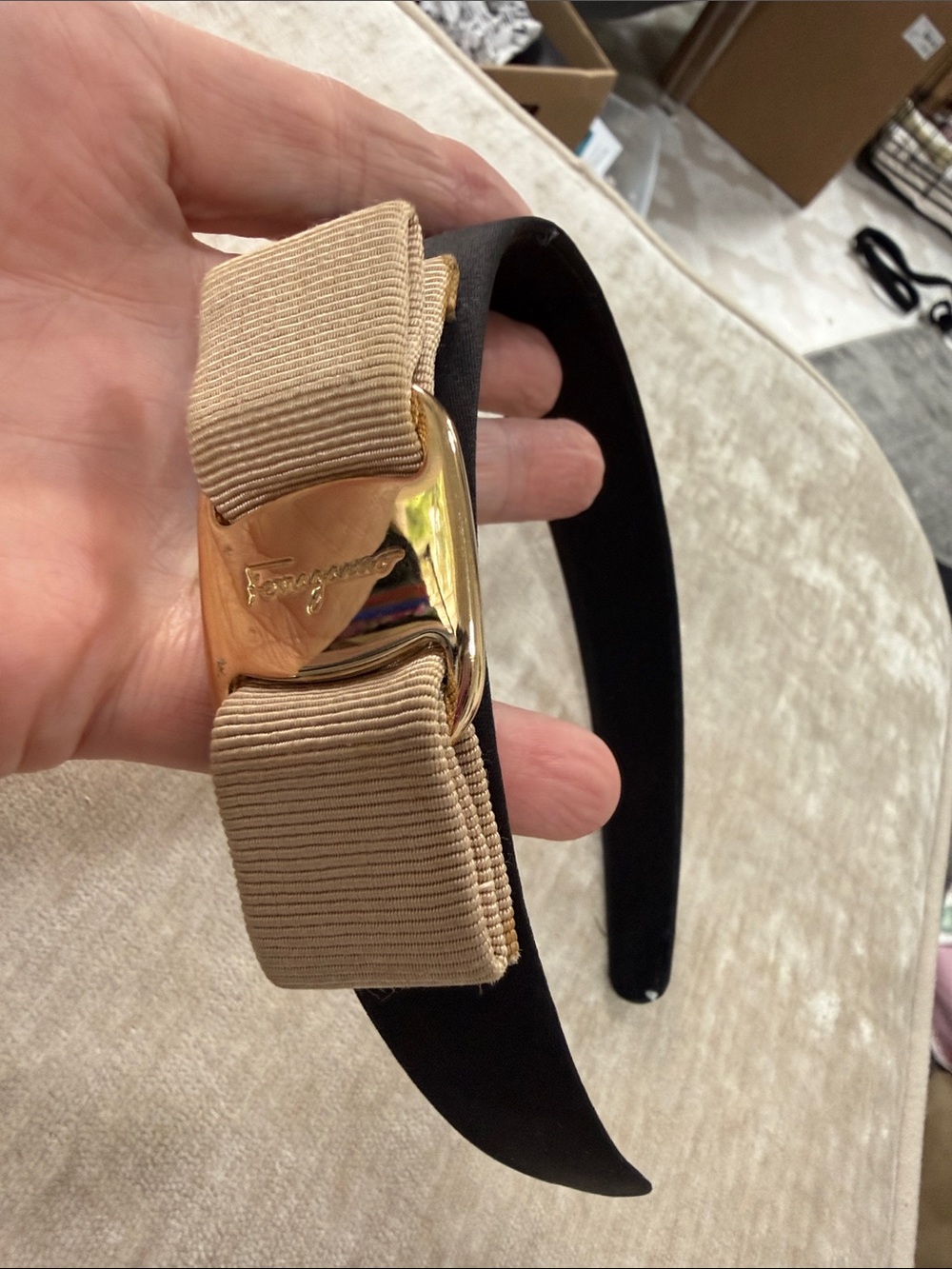Salvatore Ferragamo upcycled Black headband beige bow